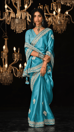 FROZEN ELEGANCE – ICE BLUE KANJIVARAM SILK SAREE - Kimora.in