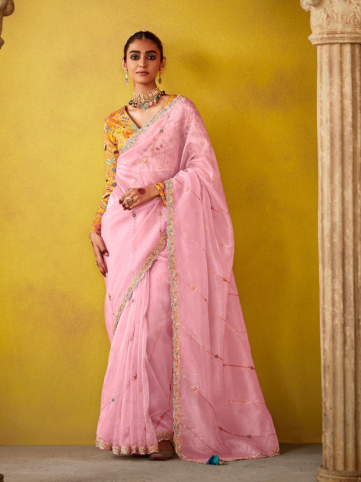 Graceful Pink Saree with Intricate Floral Embroidered Blouse
