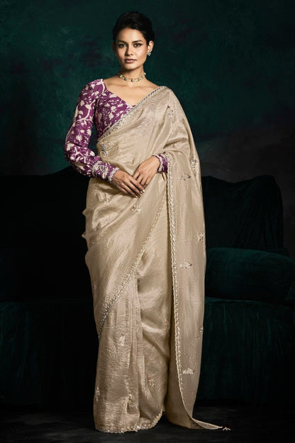 BEIGE DESIGNER ORGANZA SAREE– A STATEMENT OF SUBTLE SOPHISTICATION