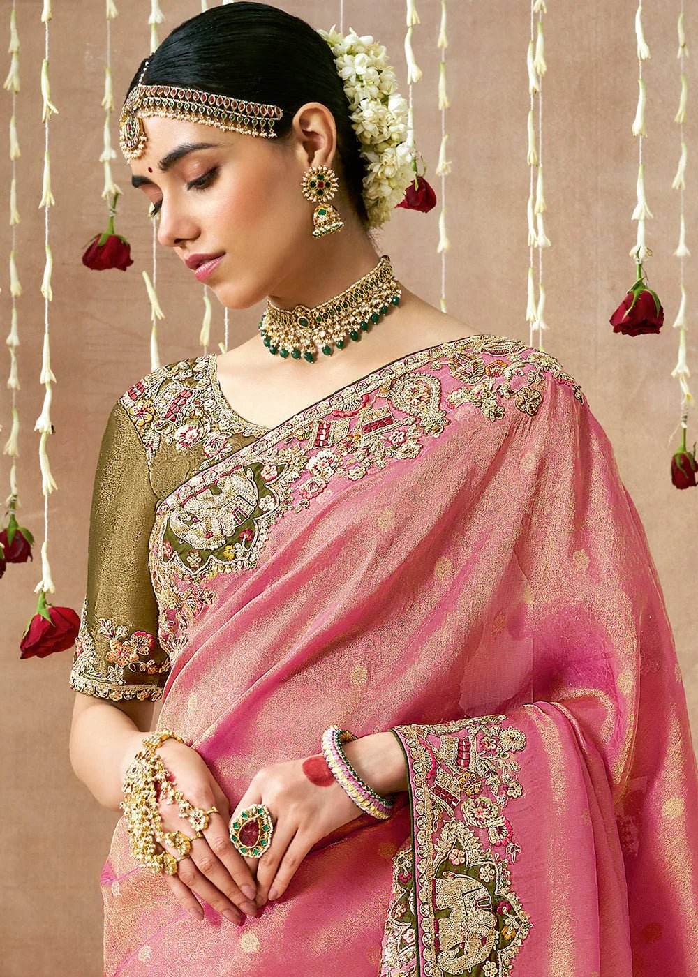 PURE TISSUE DOLA SILK SAREE WITH CONTRAST GOLDEN BLOUSE - Kimora.in
