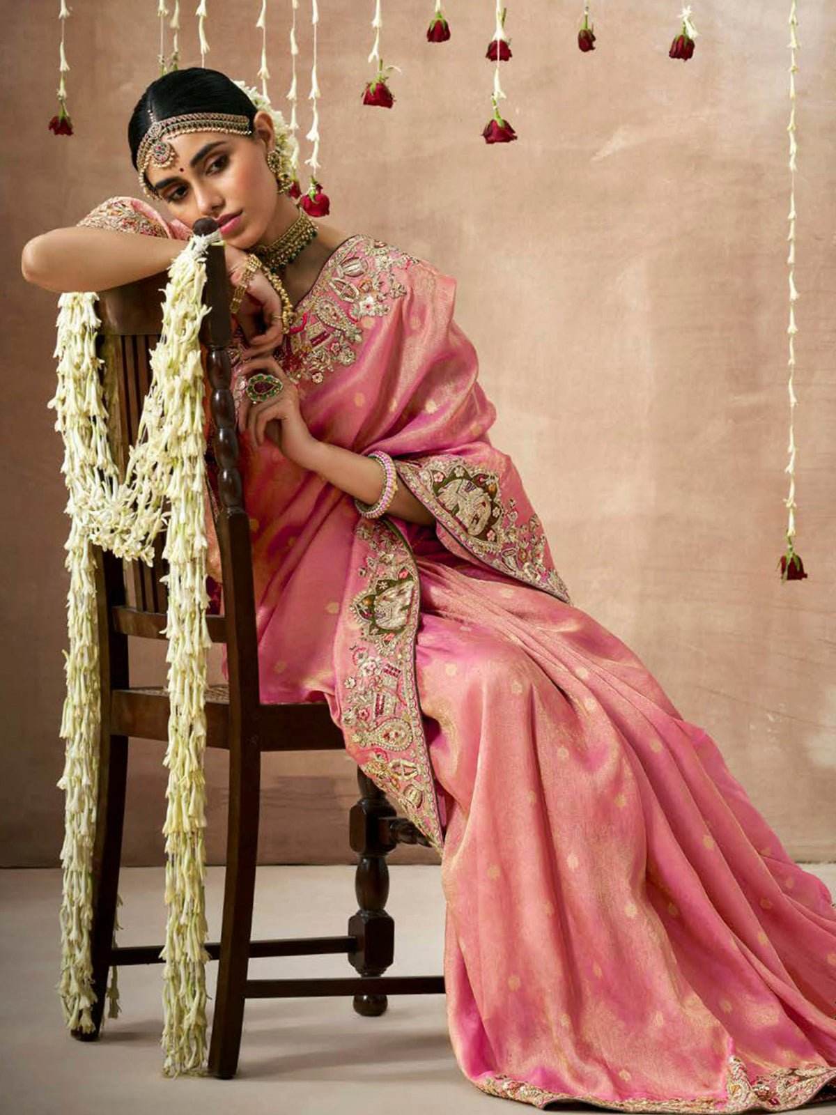 PURE TISSUE DOLA SILK SAREE WITH CONTRAST GOLDEN BLOUSE - Kimora.in