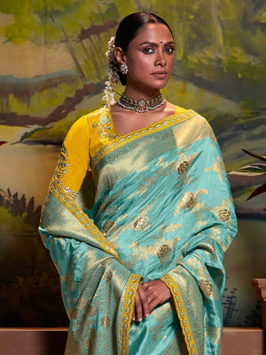 SEA GREEN PURE DOLA SILK FLORAL SAREE - Kimora.in