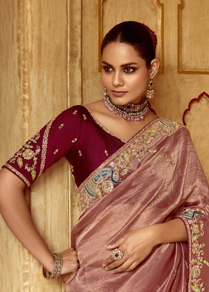 DUSTY ROSE DESIGNER TISSUE SILK SAREE - Kimora.in