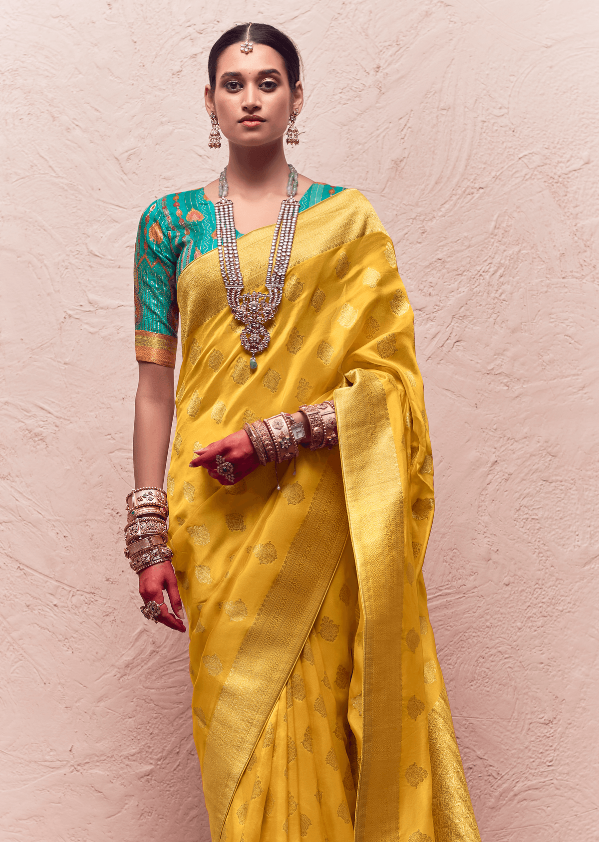 KIMORA’S YELLOW FLORAL BANARASI CREPE DOLA SILK SAREE - Kimora.in