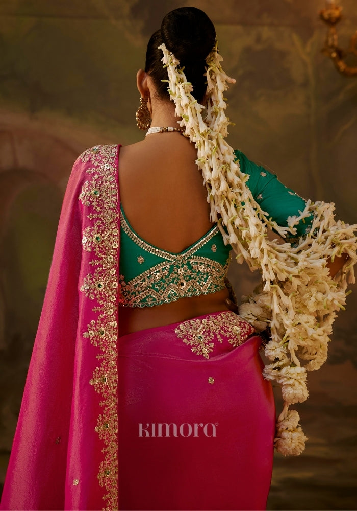 embroidered green blouse, gold zari detailing