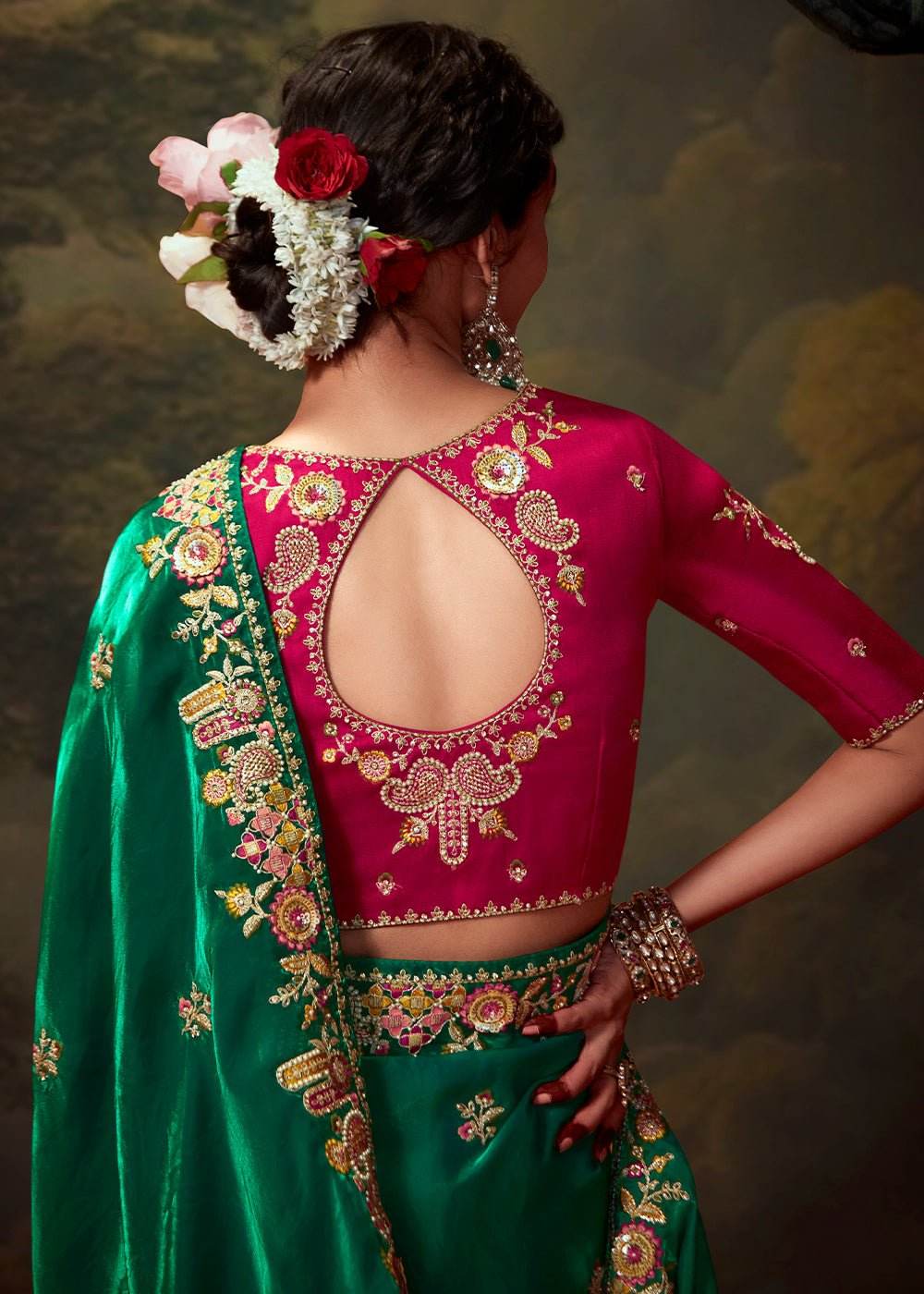 EMERALD GREEN DESIGNER ORGANZA SILK SAREE - Kimora.in