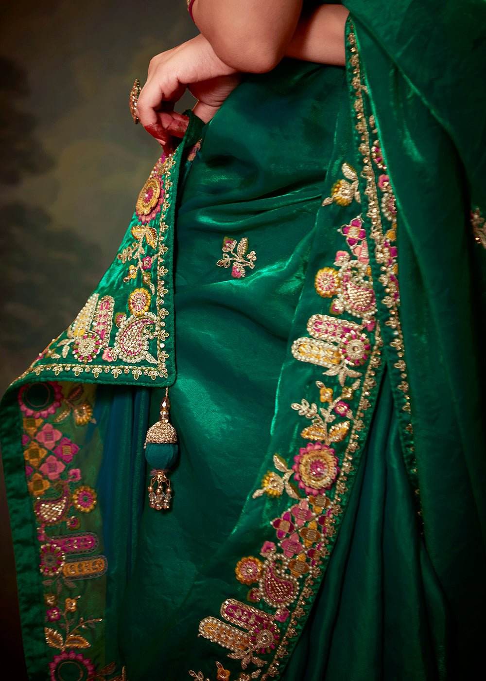 EMERALD GREEN DESIGNER ORGANZA SILK SAREE - Kimora.in