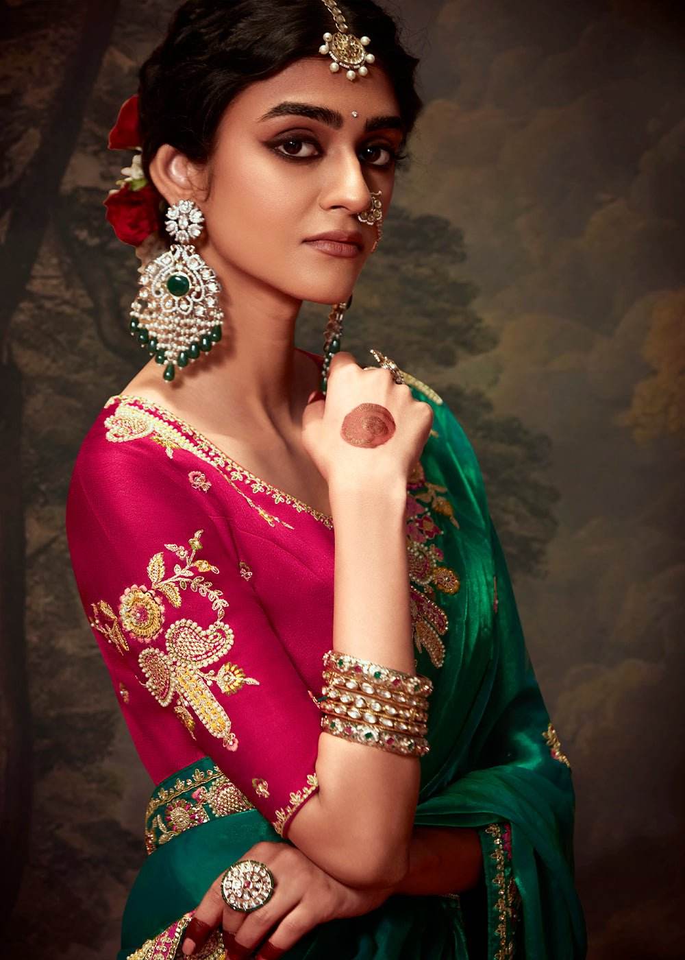 EMERALD GREEN DESIGNER ORGANZA SILK SAREE - Kimora.in
