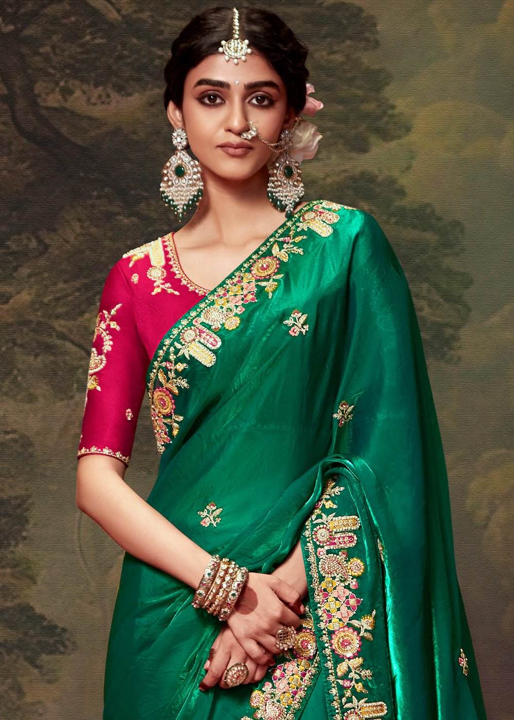 EMERALD GREEN DESIGNER ORGANZA SILK SAREE - Kimora.in