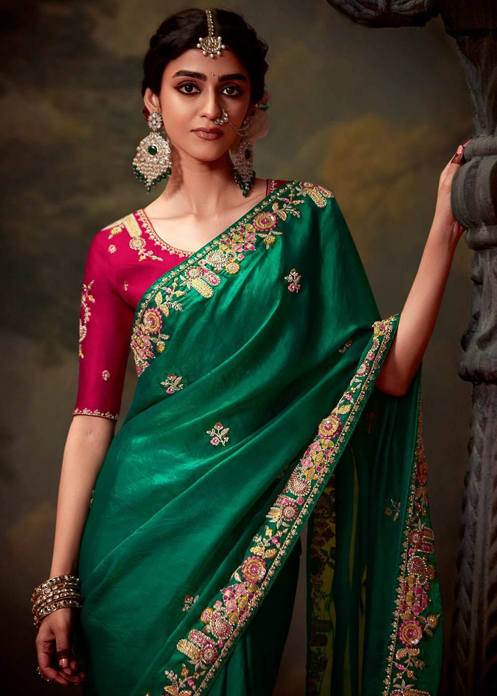 EMERALD GREEN DESIGNER ORGANZA SILK SAREE - Kimora.in
