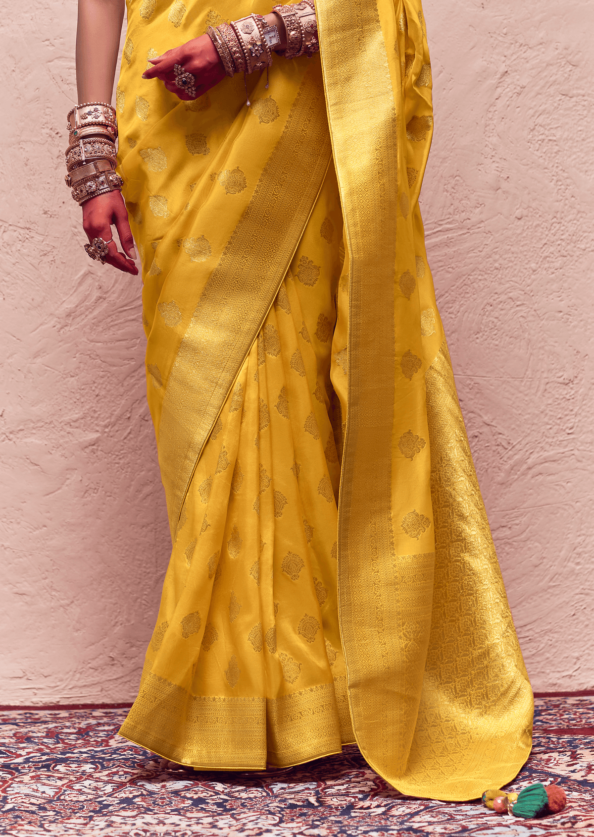 KIMORA’S YELLOW FLORAL BANARASI CREPE DOLA SILK SAREE - Kimora.in