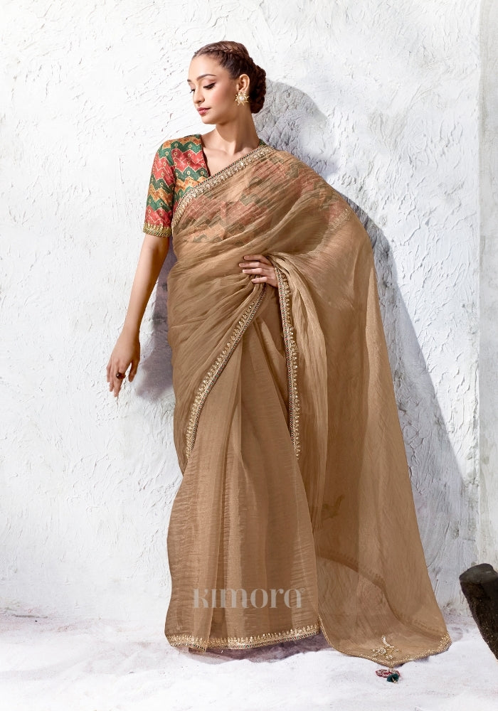 gold soft silk saree with multicolour satin silk blouse from Kimora Rangat 5