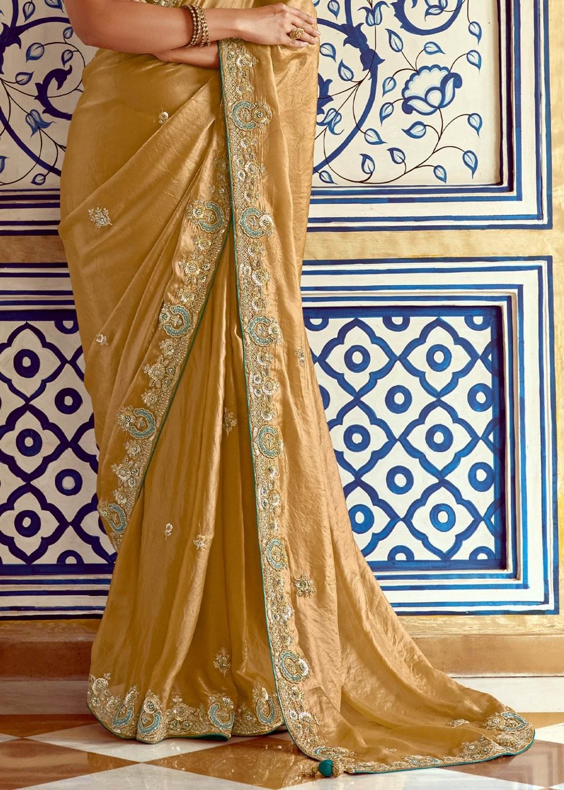 GOLDEN DESIGNER SILK SAREE WITH RICH ZARI EMBROIDERY - Kimora.in