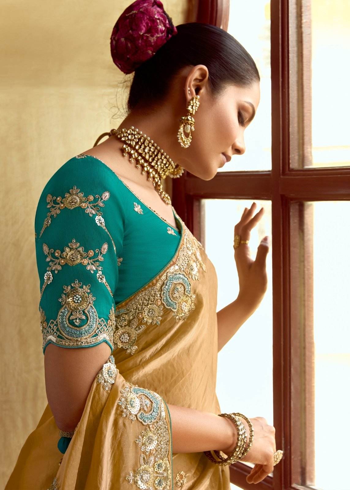 GOLDEN DESIGNER SILK SAREE WITH RICH ZARI EMBROIDERY - Kimora.in