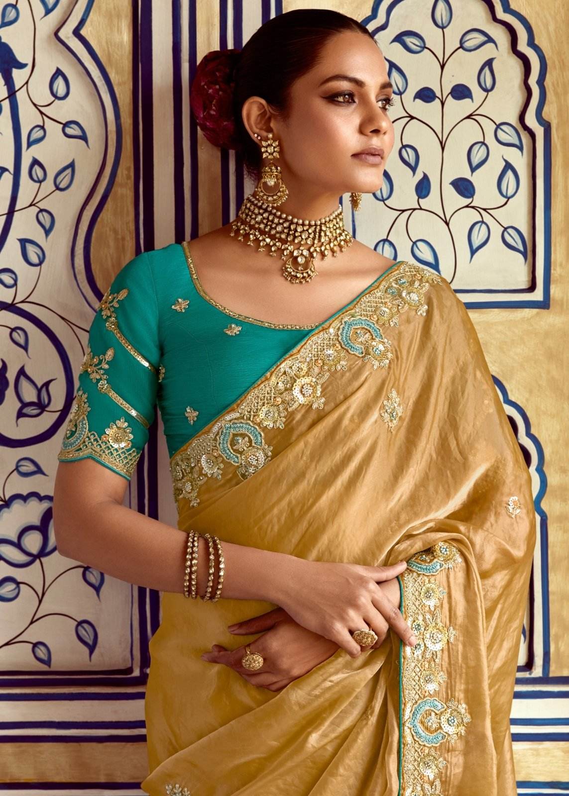 GOLDEN DESIGNER SILK SAREE WITH RICH ZARI EMBROIDERY - Kimora.in