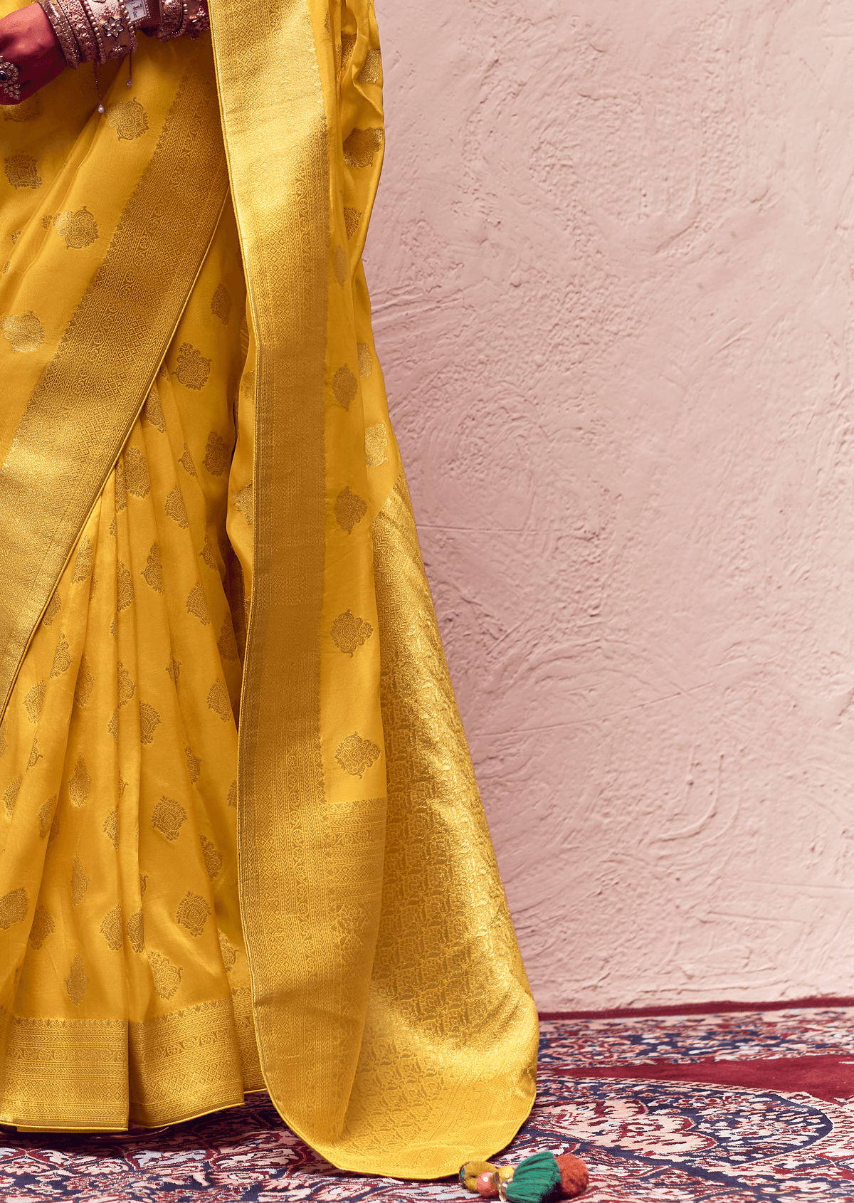 KIMORA’S YELLOW FLORAL BANARASI CREPE DOLA SILK SAREE - Kimora.in