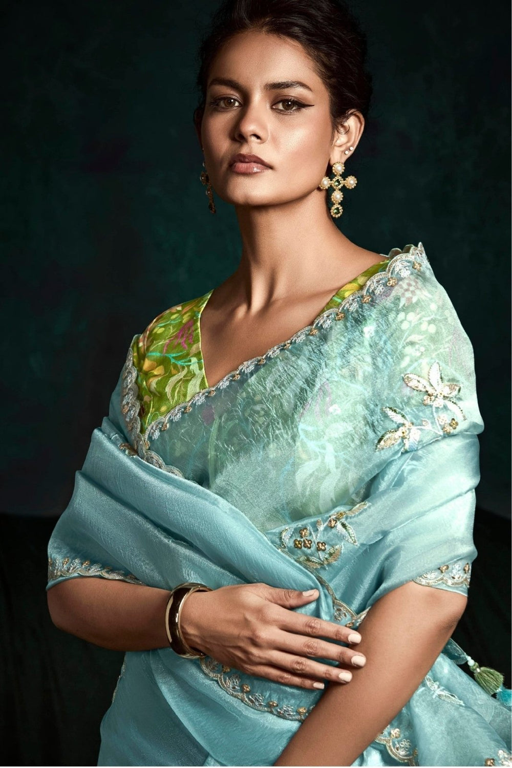 ICE BLUE DESIGNER ORGANZA SAREE- A VISION OF TRANQUIL BEAUTY