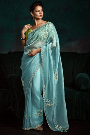 ICE BLUE DESIGNER ORGANZA SAREE- A VISION OF TRANQUIL BEAUTY
