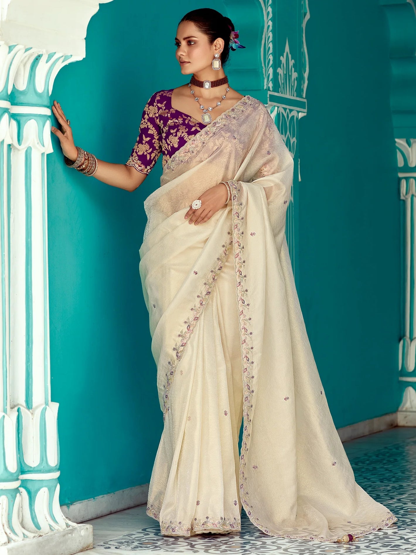 Cream Tissue Silk Saree with Sequins Work & Purple Contrast Blouse