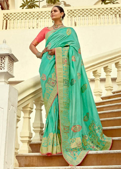 Mint Green Banarasi Silk Saree with Red Blouse