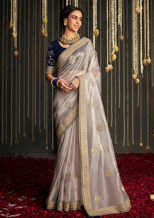 Soft Tissue Silk Saree with Intricate Silver Embroidery & Contrast Blue Blouse