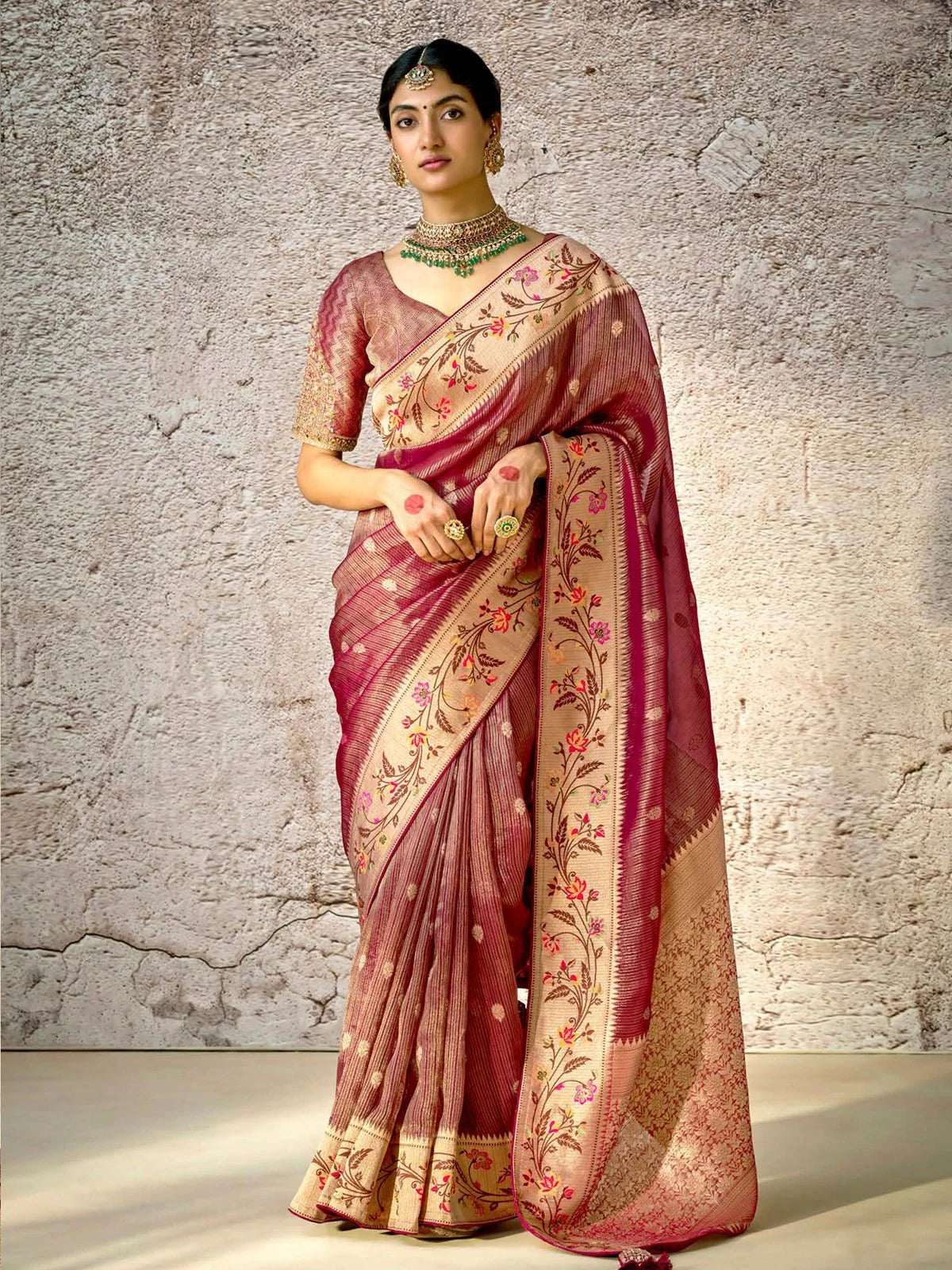 Rosewood Banarasi Silk Saree with Jacquard Weaving & Designer Sequin Blouse