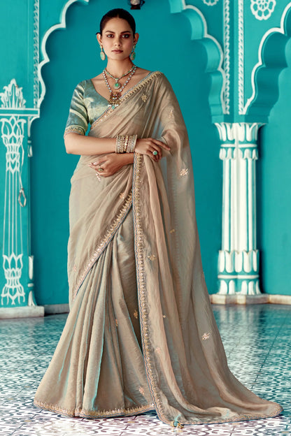 Beige Embroidery Tissue Silk Saree with Sea Green Blouse