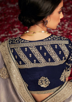 Soft Tissue Silk Saree with Intricate Silver Embroidery & Contrast Blue Blouse
