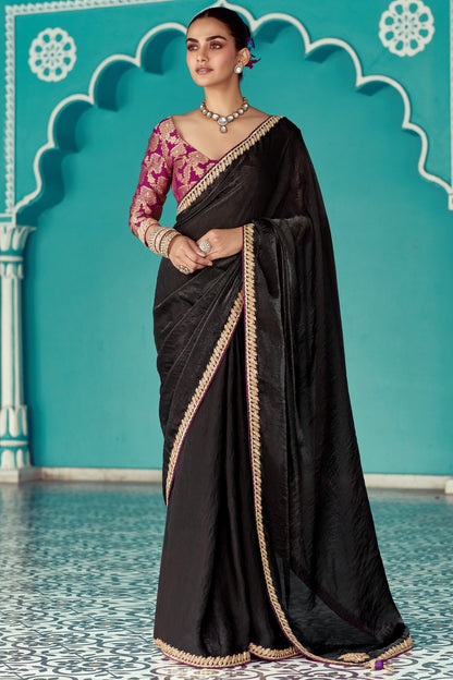 Black Tissue Silk Saree with Golden Border & Purple Blouse
