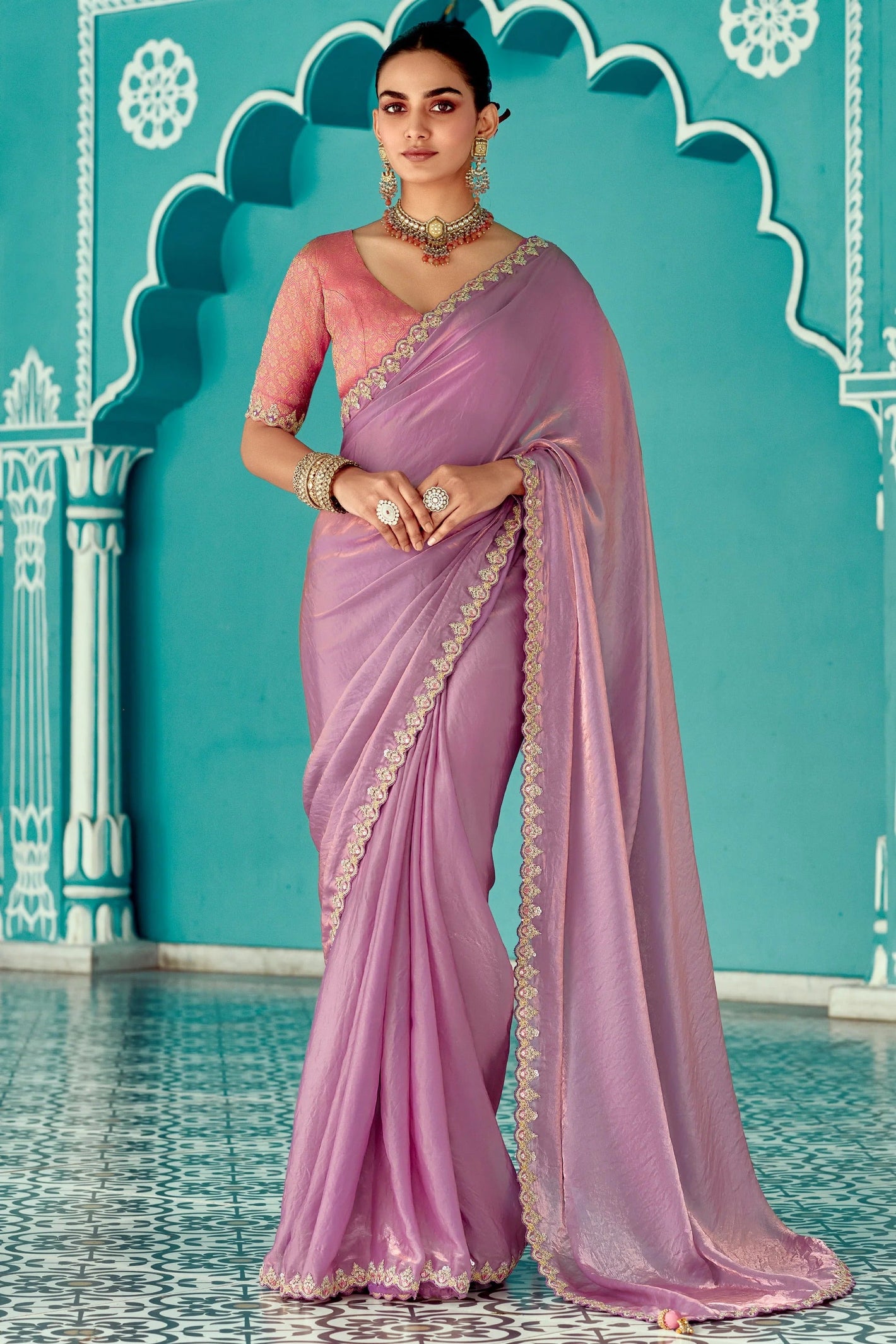 Lavender Tissue Silk Saree with Golden Sequins Border & Red Silk Blouse