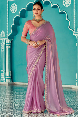 Lavender Tissue Silk Saree with Golden Sequins Border & Red Silk Blouse