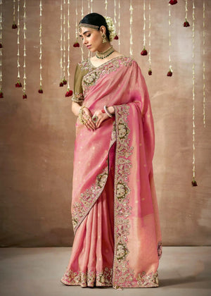 Classic Pink Dola Silk Saree with Zari & Stone Work