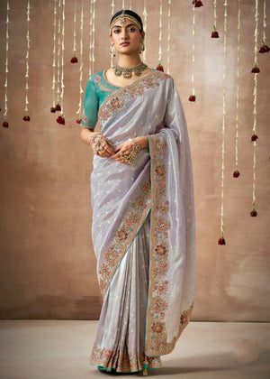 Sky Blue Bridal Dola Silk Saree with Zari & Stone Work