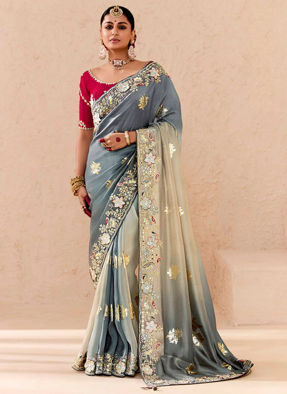 Shaded Grey Tussar Silk Saree