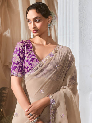 Beige Organza Tissue Silk Saree with Multi Sequins Work