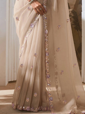 Beige Organza Saree with Multi Sequins Work & Purple Floral Blouse