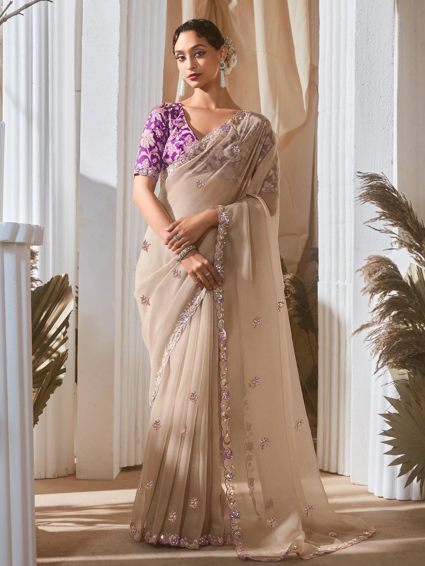 Anvika Organza Tissue Silk Sequins Saree Beige