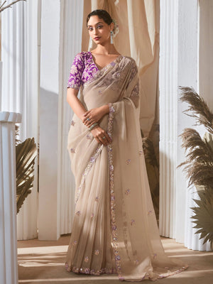 Beige Organza Saree with Multi Sequins Work & Purple Floral Blouse