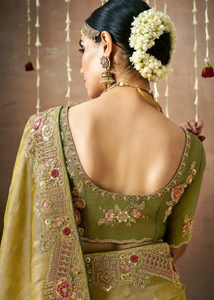 Olive Green Tissue Dola Silk Saree with Zari & Stone Work