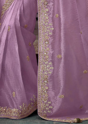 Lavender & Olive Green Tissue Silk Saree with Zari Work and Designer Blouse