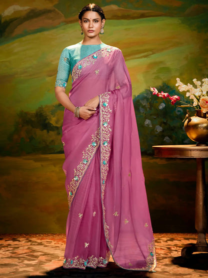 The Pink Organza saree with teal blouse