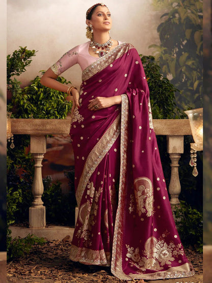Embroidered Pure Viscose Dola Silk Purple Traditional Bridal Saree