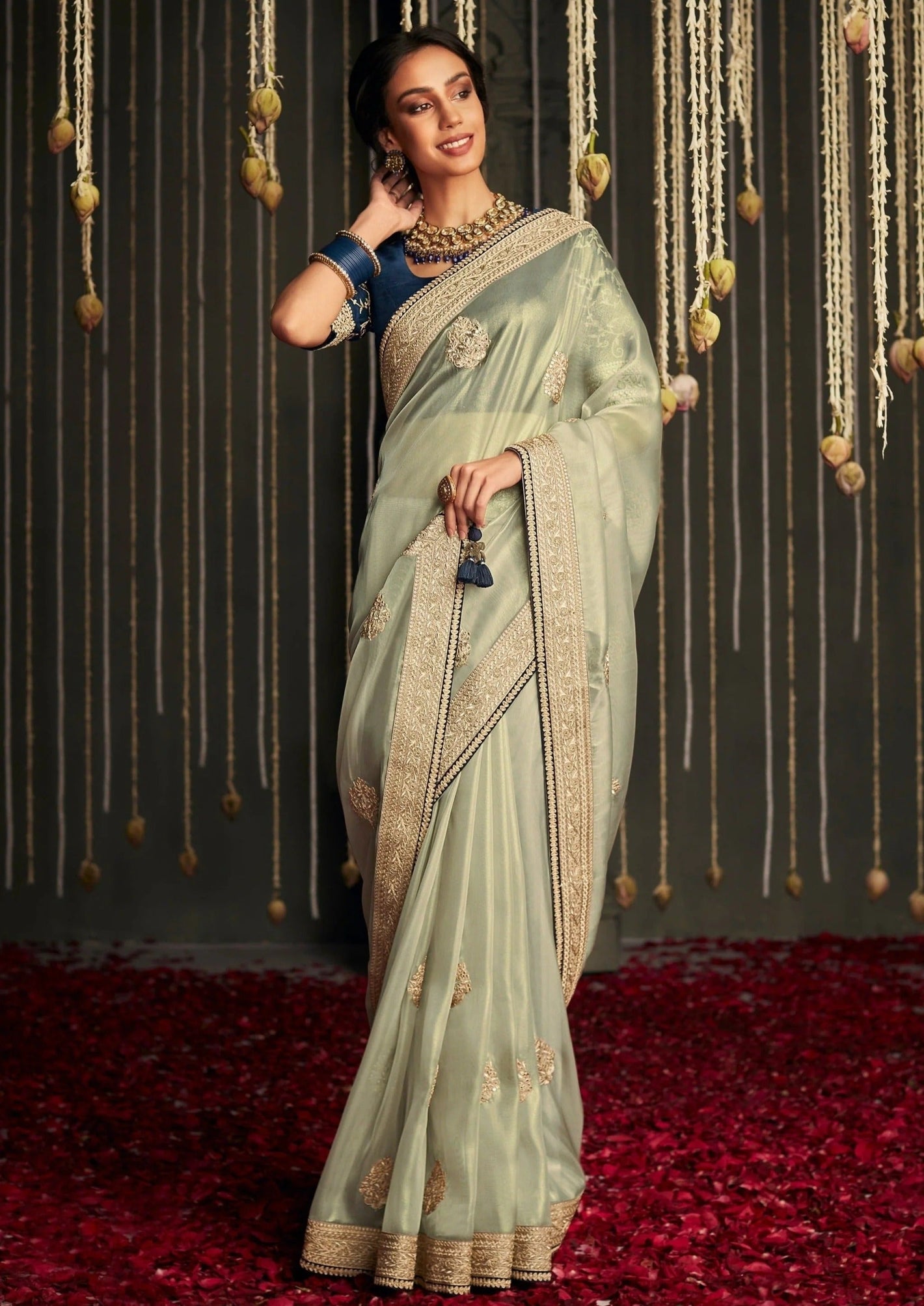 Brinda Tissue Silk Saree in Greyish Green