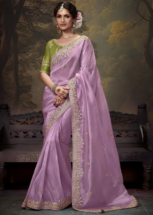 Lavender & Olive Green Tissue Silk Saree with Zari Work and Designer Blouse