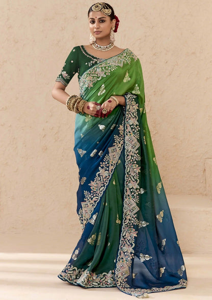 Peacock Green & Royal Blue Tussar Silk Saree