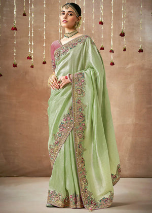 Pista Green Bridal Dola Silk Saree with Zari & Stone Work