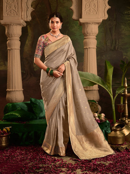 Elegant Beige Crape Dola Silk Saree