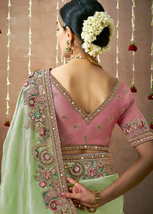 Pista Green Bridal Dola Silk Saree with Zari & Stone Work