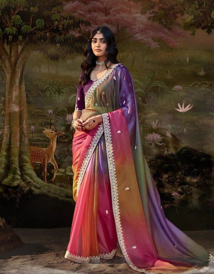 Multicolor Pure Tissue Silk Saree with Embroidered Designer Blouse