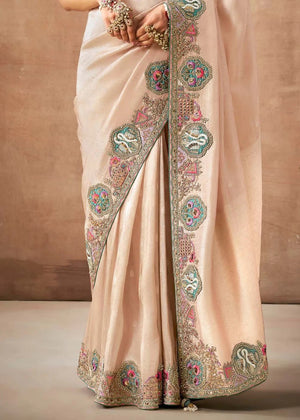 Cream Dola Silk Saree with Zari & Stone Work